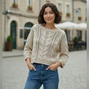 Lauren Conrad cream loose cable knit sweater with silk ribbon detail size Medium